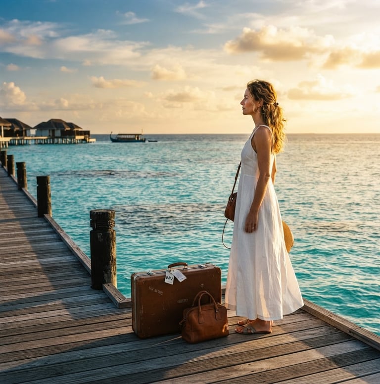 Wide environmental portrait of an elegant woman facing the turquoise sea in the Maldives, soft golden hour light, luxury travel luggage beside her on a wooden pier, high-contrast editorial photography