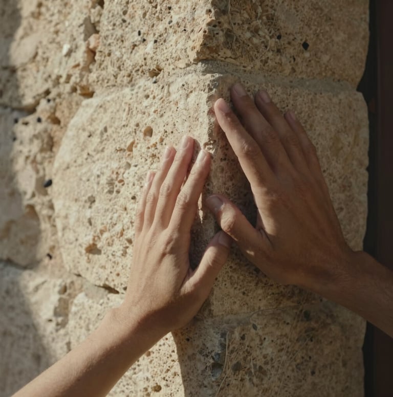 Close-up photography focusing on two people's hands gently touching a rustic limestone wall in a Southern European setting. Soft, warm sunlight creates a cinematic and authentic atmosphere with a shallow depth of field.
