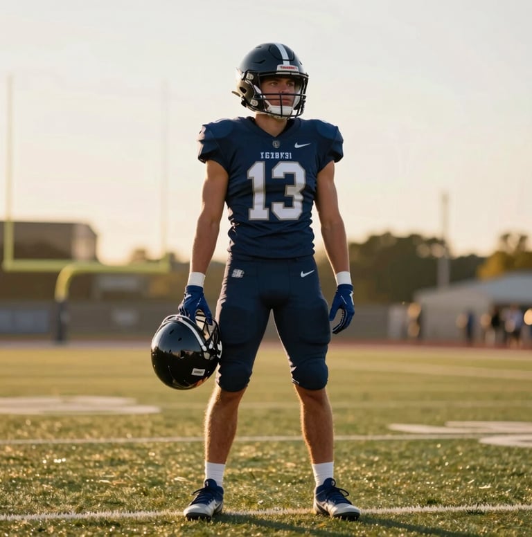 A full-body vertical image of the running back standing on the field, helmet in hand, looking toward the horizon with a confident expression. The golden hour lighting emphasizes a professional, high-scholarship-potential athlete. Colors used in the jersey are #1C2B3A and #8FAEC0.