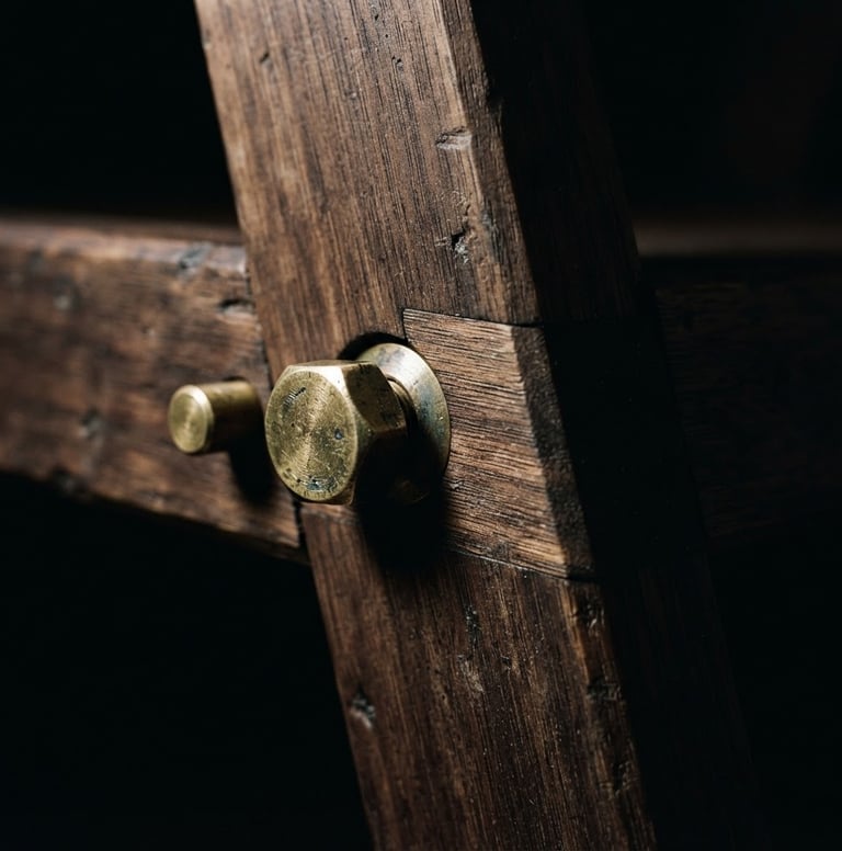 Extreme close-up macro shot of a furniture joint, raw unlacquered brass and dark oak, stark directional lighting, deep shadows, high contrast, 35mm, sculptural silhouette, low-key dramatic product photography
