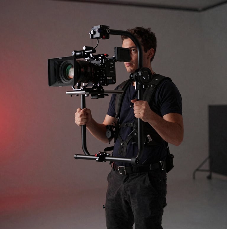 Behind-the-scenes shot of a filmmaker holding a stabilized camera rig. The person is dressed in dark professional attire, standing in a studio with low-key lighting and a hint of venetian red light in the background haze.