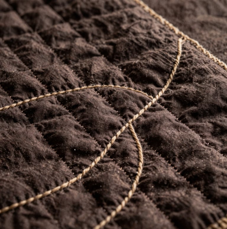 A macro photograph focusing on the meticulous hand-stitching of a quilt. The thread is a soft sand color, creating flowing, organic wave patterns across a deep espresso linen fabric. The lighting is warm and directional, highlighting the rich texture of the textile.