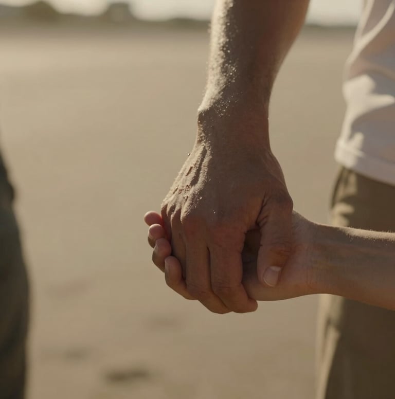Close-up cinematic shot of two people's hands gently intertwined, shot in a sun-lit outdoor setting in the North American / US. Warm, golden hour light, shallow depth of field, authentic lifestyle photography. Colors include soft sand and deep earth browns.