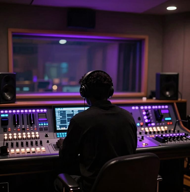 A mysterious silhouette of an artist in a high-tech recording booth, glowing light purple control panels in the background, sophisticated and edgy vibe, North American urban setting.