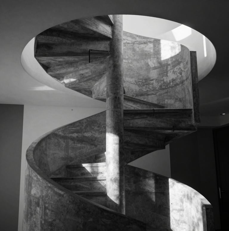 Vertical black and white photograph of a contemporary spiral staircase in a Sydney architectural home, dramatic lighting casting sharp shadows, focus on the texture of concrete and steel, minimalist and cinematic style.
