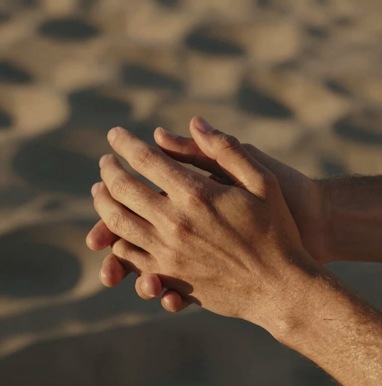 A candid close-up shot of two people's hands gently intertwined. The lighting is warm and golden, with soft sand highlights and deep charcoal shadows in the background. The mood is intimate and authentic.