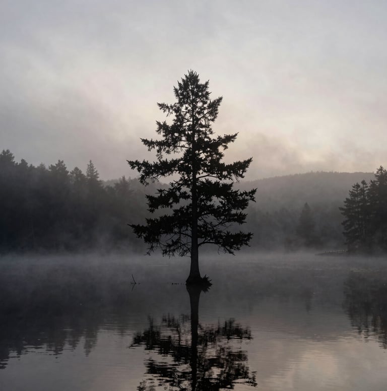 A serene landscape photograph of a misty Ontario lake at dawn. A single silhouette of a tree stands against the soft light, capturing a quiet, emotional, and reassuring atmosphere with deep charcoal tones.