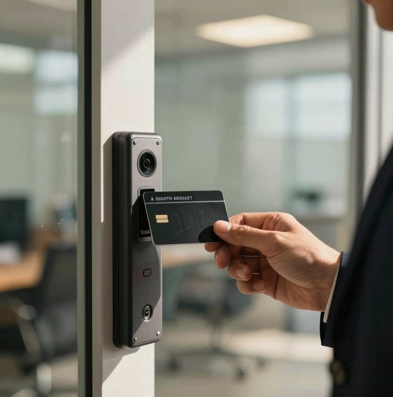 A close-up shot of a professional in a South American / Brazilian office setting using a sleek black security card to open a glass door. The lighting is sunny and warm, emphasizing the reliability and ease of use of the electronic system.