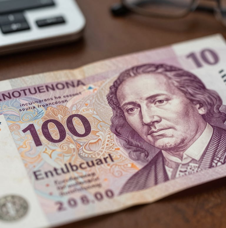 A macro photograph of high-quality textured paper currency with elegant typography. The lighting is soft and warm, capturing tones of muted rose mauve and deep plum aubergine in the shadows. Set in a quiet International / Western office environment.