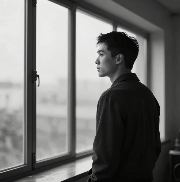 Cinematic black and white style photograph (using #3A3F3B tones) of a person looking out of a large studio window, thinking. The composition is off-center, emphasizing a professional yet contemplative mood. High contrast lighting.