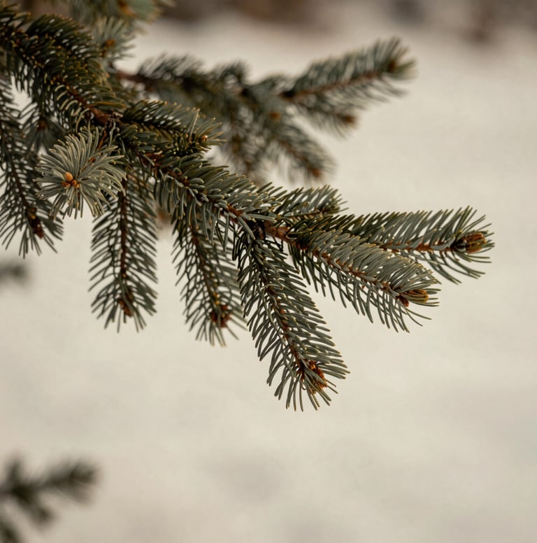A professional close-up of a Muted Sage pine branch against a Soft Off-white snowy backdrop in a North American / US forest. Warm, inviting lighting that highlights the textures of the needles.