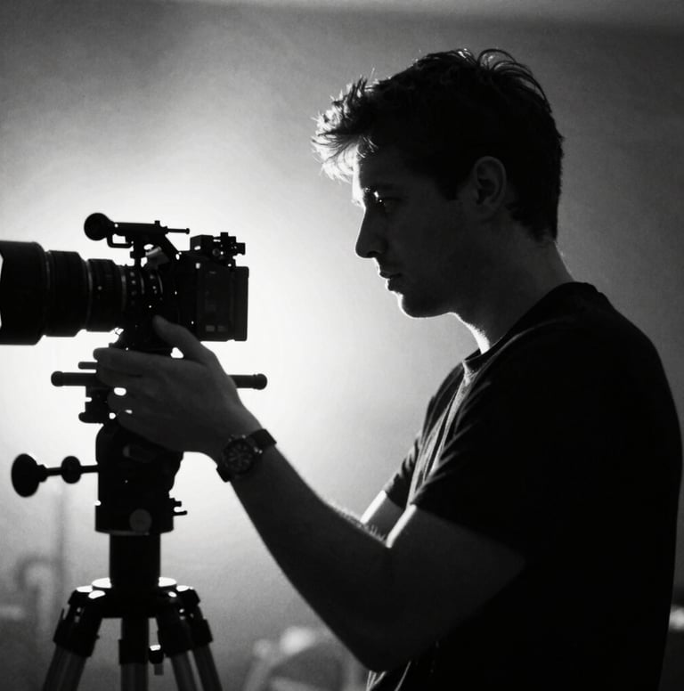 A high-contrast black and white portrait of a filmmaker in action, silhouettes against a bright light source. Strong #0A0A0A shadows and #ECF0F1 highlights. Grainy, filmic texture, very professional and artistic.