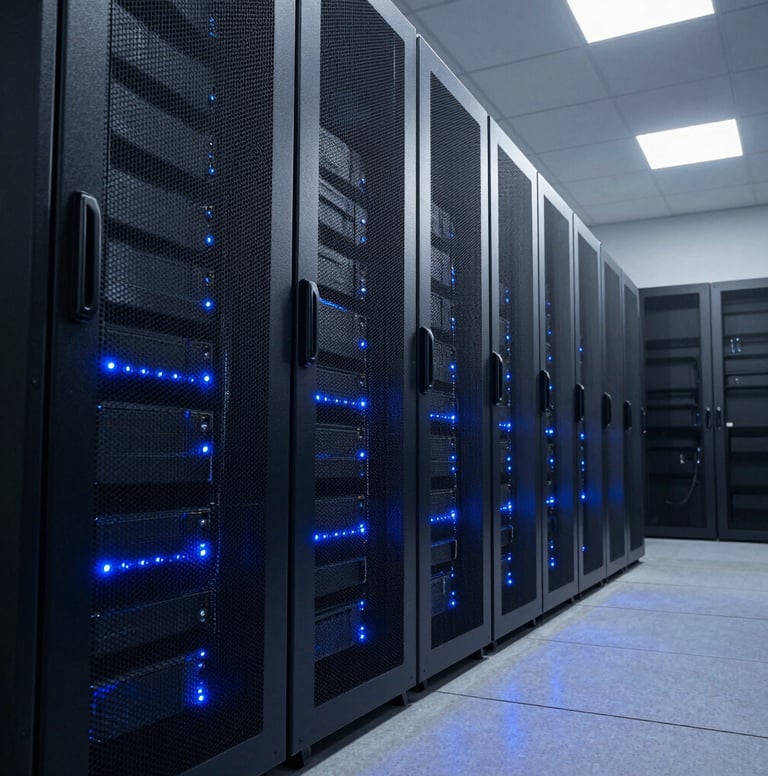 A dramatic low-angle photograph of a server room corridor. The server racks are finished in dark slate, with glowing steel blue indicator lights casting shadows on the polished floor. The lighting is precise, emphasizing a high-tech and secure facility.