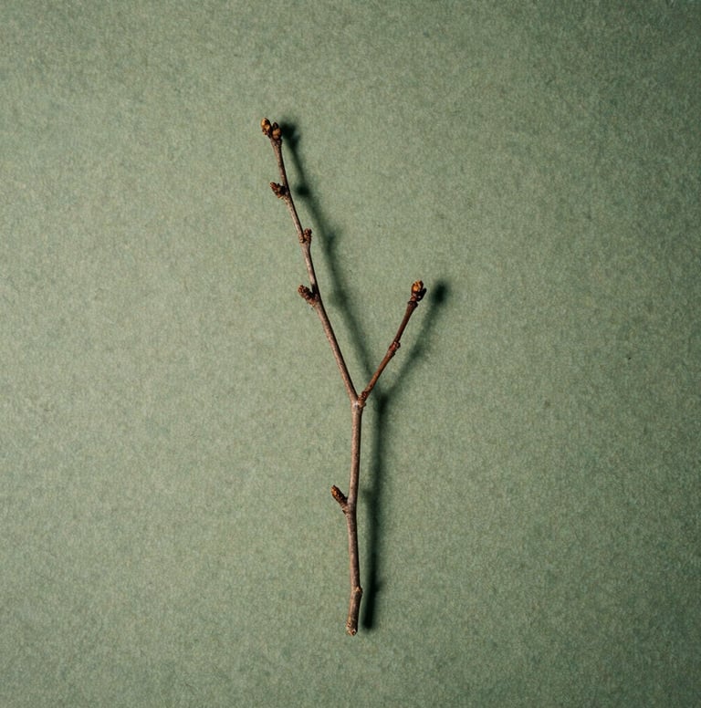 A minimal overhead photograph of a single dried branch with tiny buds, casting a long, soft shadow on a textured pale moss green surface. The composition is clean and poetic, reflecting a refined and calm aesthetic.
