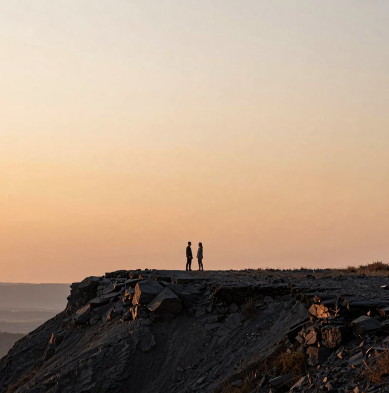 A wide-angle cinematic shot of a couple standing on a rugged charcoal-colored cliffside at sunset. The sky is a gradient of soft orange and muted cream. The composition focuses on the vast landscape and the intimate scale of the couple.
