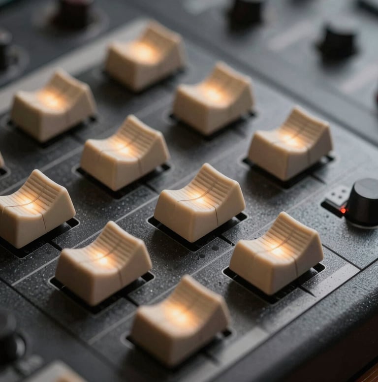 A macro photograph of vintage sound mixing equipment, featuring warm sand colored illuminated dials against a charcoal metallic surface.
