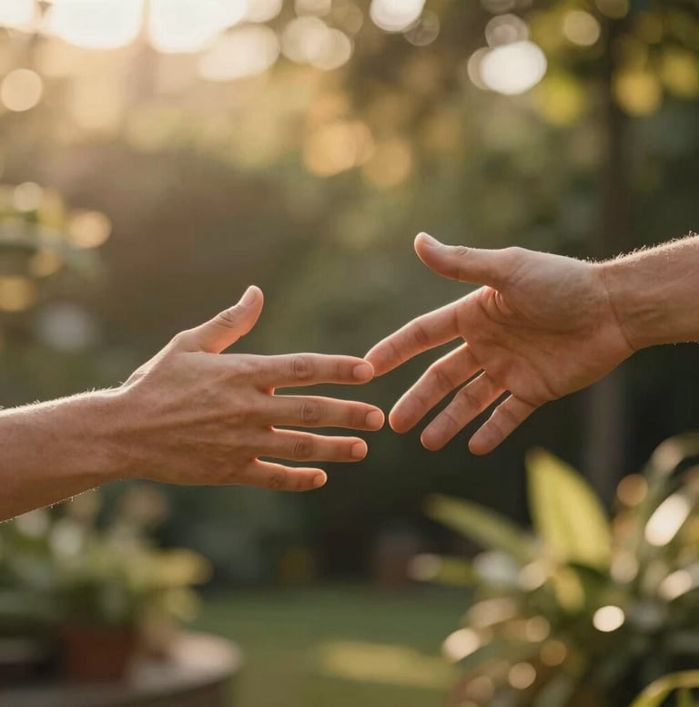 A vertical-oriented rectangular photograph of two hands reaching for each other against a warm, out-of-focus background of a sunlit garden. The lighting is cinematic and golden, emphasizing texture and a sense of genuine connection. Professional lifestyle photography style.
