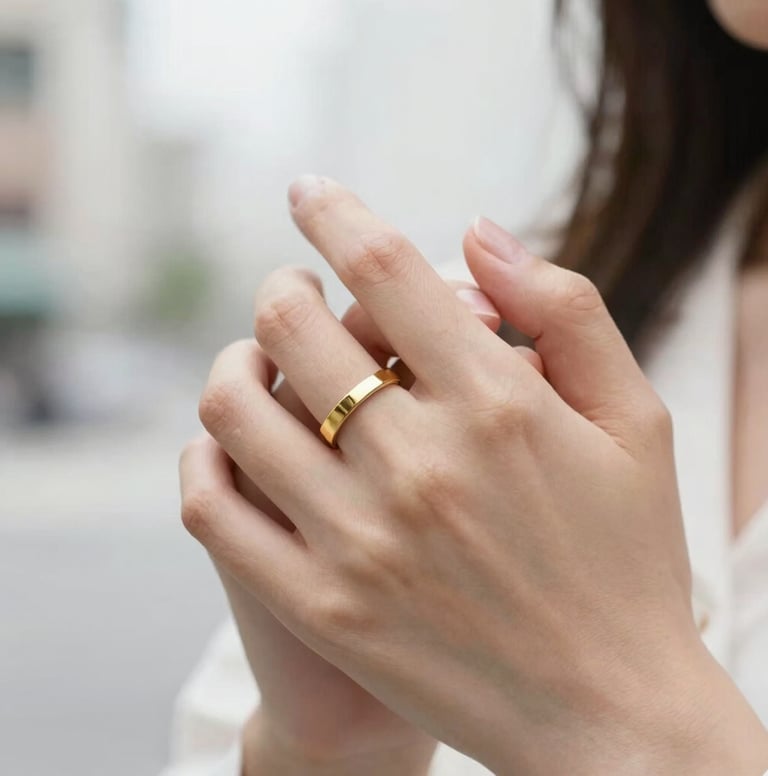 A close-up shot of two hands intertwined, featuring a minimalist gold ring. Soft focus on a clean white background in a North American / US urban setting. Elegant and refined.