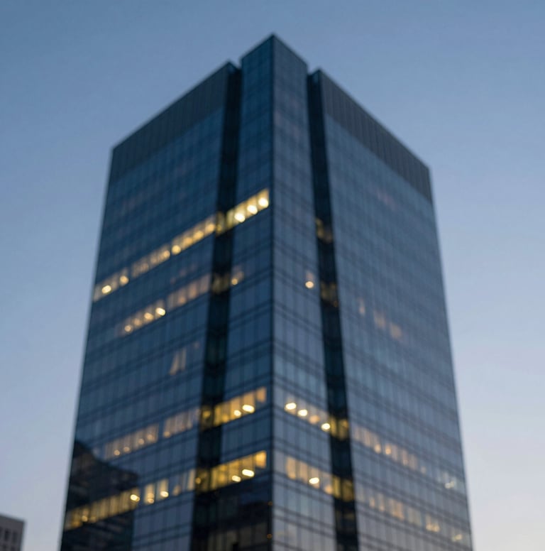Abstract architectural photograph showing the sharp corner of a modern skyscraper against a twilight sky. Strong geometric lines in dark blue steel and glowing yellow windows. Clean, professional, and forward-thinking aesthetic.