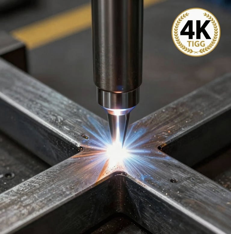 A close-up photograph of a seamless TIG weld on a steel frame, showcasing technical precision. The metal has a subtle steel grey sheen. The lighting is focused and dramatic against a dark background, emphasizing high-end craftsmanship.