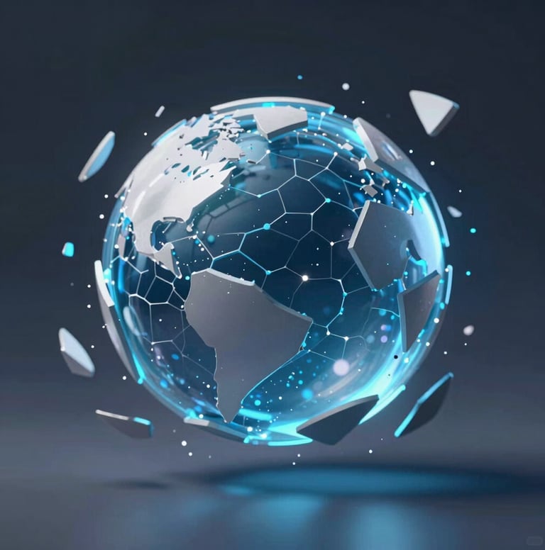 A dynamic shot of a 3D animated sphere breaking into shards. Cinematic lighting with #8FE3F5 glows and #d4d4d4 reflections. High-tech, artistic expression.