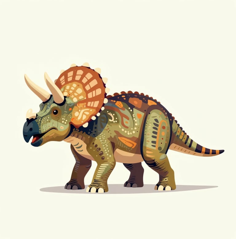 A side profile of a Triceratops in a playful pop-art style. The dinosaur has decorative patterns across its frill using #C6B29B and #D87D51. The background is a bright, clean #F9F5EF. The composition is centered and modern.
