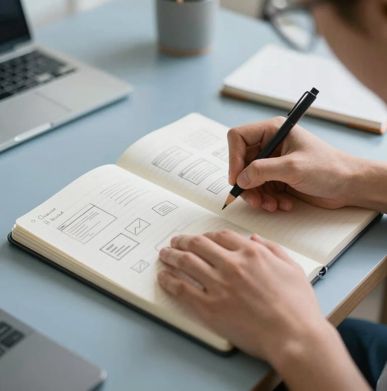 Close-up of a student's hands drawing UI wireframes in a light grey notebook on a slate blue desk. The setting is a brightly lit North American / US student housing apartment. High-quality photography with shallow depth of field.