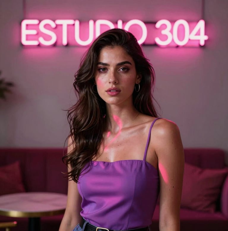A high-fashion photography portrait of an elegant female model in a premium lounge in Latin American / Global. A bright neon pink sign reading ESTUDIO 304 glows behind her, casting vivid pink and violet reflections on her skin.