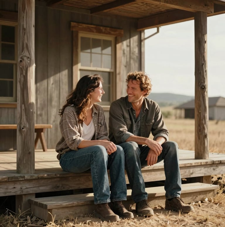 A cinematic, authentic photograph of a couple sitting on the steps of a Western / Global wooden porch, sharing a genuine laugh. Warm, sun-drenched backlighting creates a timeless, premium feel. Deep charcoal and soft sand color palette.