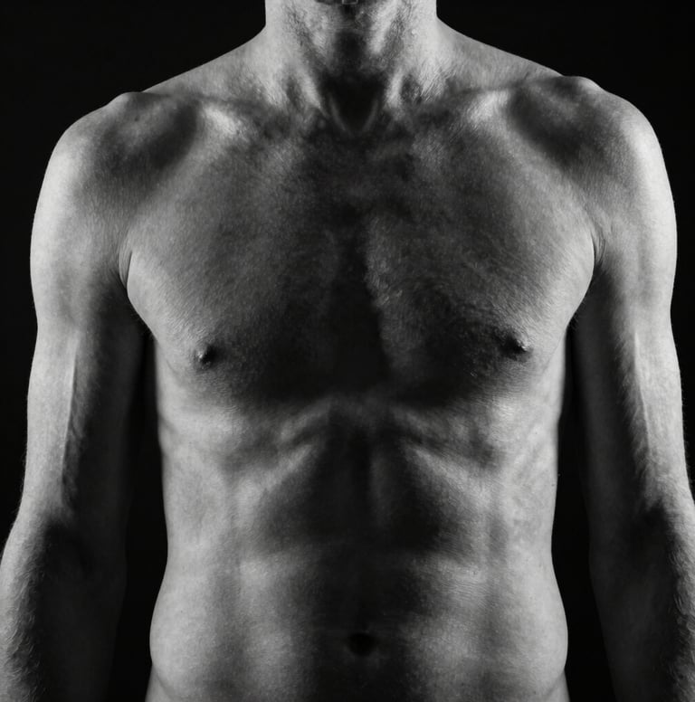 An abstract fine-art study of a human torso in monochrome. High contrast lighting accentuating the muscular lines and skin texture. The background is pitch black, creating a sense of depth and mystery. North American / US artistic style.