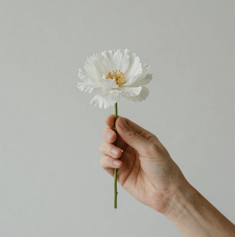 A detailed shot of a hand holding a delicate flower against a soft grey background (#E0DCD9). Focus on texture and the quiet emotion of the moment, reflecting artistic depth.