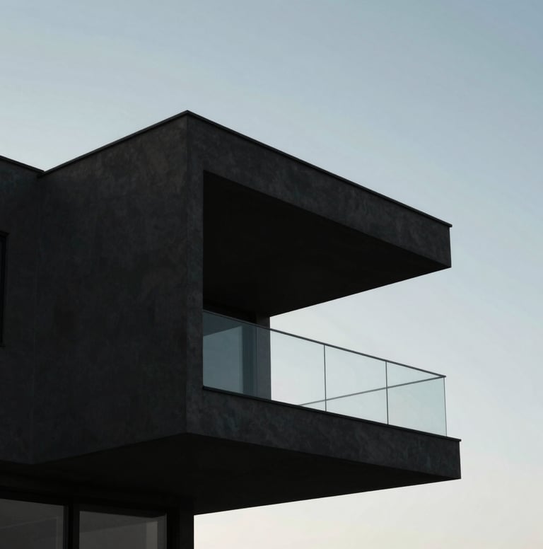 Conceptual architectural silhouette of a modern villa in Portugal, low angle looking up at a dark charcoal cantilever against a pale blue-grey sky, clean lines, minimalist aesthetic.