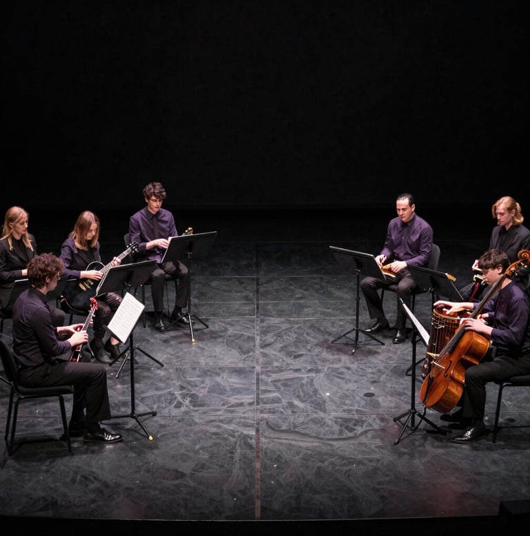 A wide-angle artistic shot of a dark charcoal stage before a performance. Subtle muted plum highlights catch the edges of musical instruments. The atmosphere is expectant and professional.