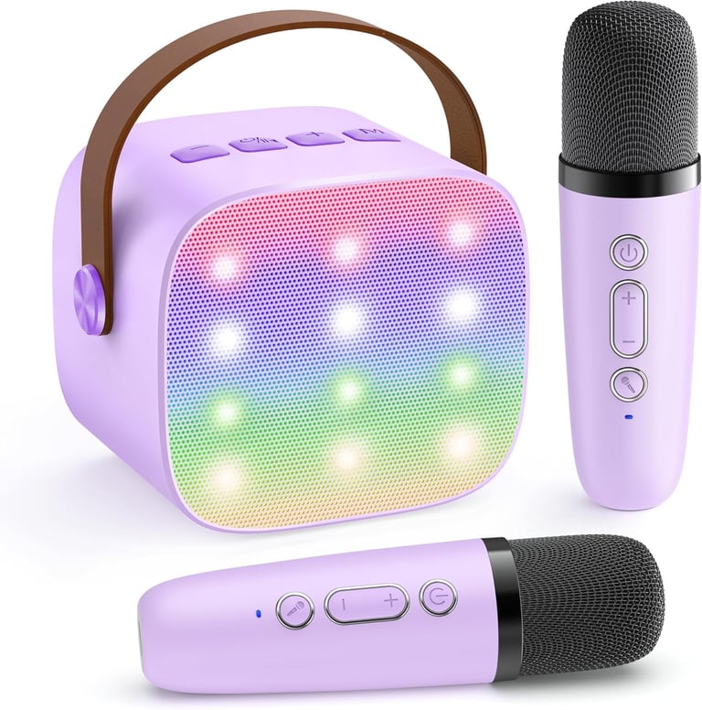 YLL Mini Kids Karaoke Machine in purple with 2 wireless microphones, Bluetooth connectivity, LED 