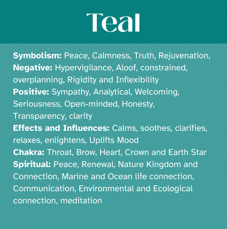 TEAL Healing Attributes, symbolism, Chakras, Spiritual, Self Awareness, Enlightenment