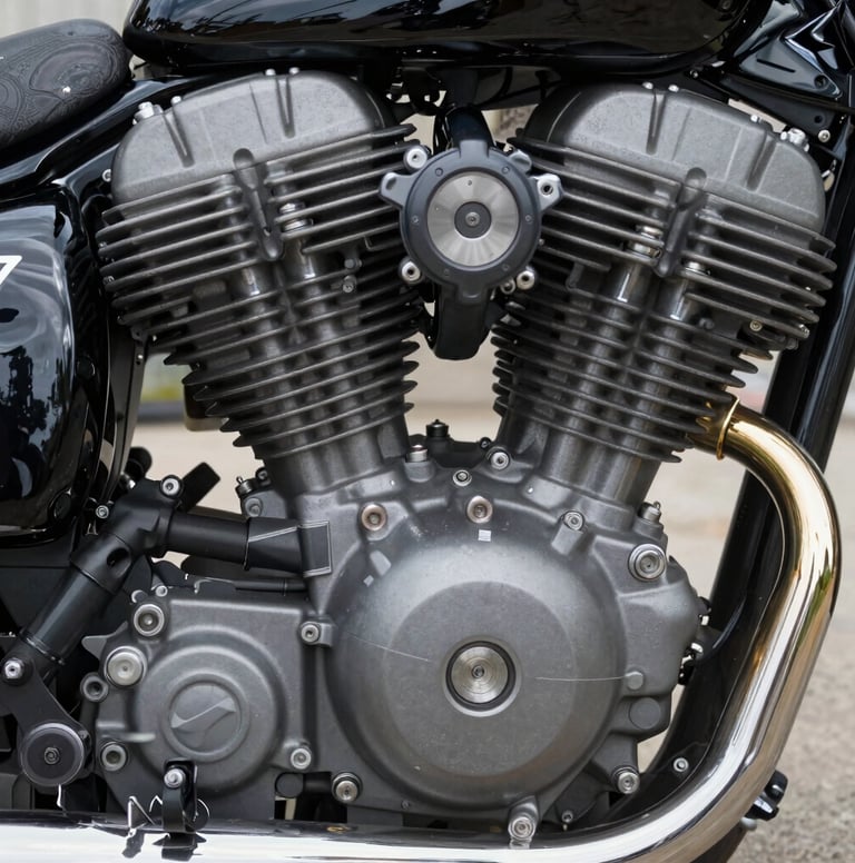 Close-up detail of a motorcycle engine in a Global / Western outdoor setting, focusing on the textures of Gunmetal Grey metal and polished Dark Charcoal components, soft natural light reflecting off the chrome surfaces.