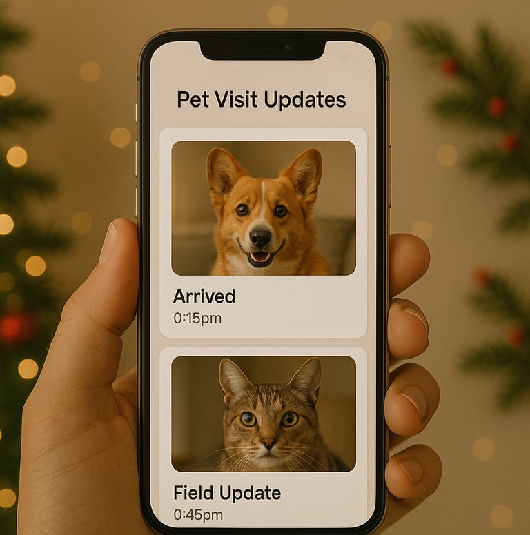 Phone showing real-time pet visit updates.