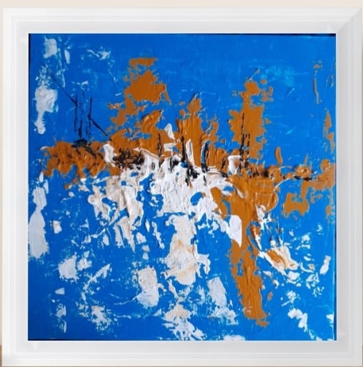 abstraction gestuelle, 40×40 cm, surface d’eau calme captant lumière et reflets de végétation.