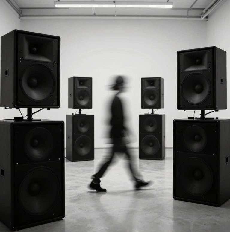 Black and white photography, an abstract long-exposure shot of a performer moving through a sound installation, artistic motion blur, elegant and sophisticated visual hierarchy.