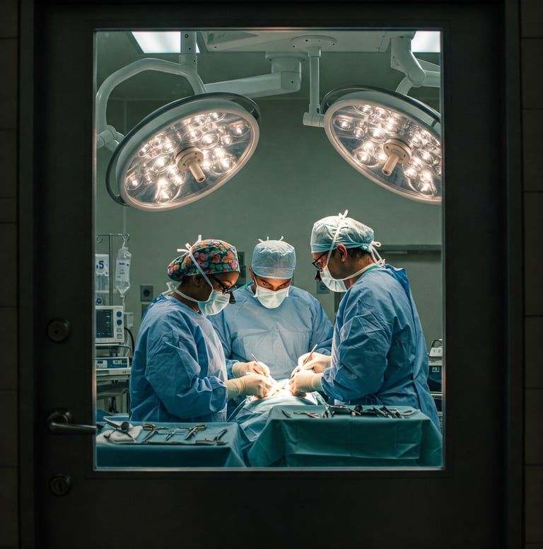 Cirurgiões operando uma neoplasia abdominal em centro cirúrgico