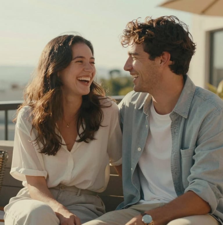 A candid lifestyle shot of a young couple laughing together on a sun-drenched terrace. Warm cinematic atmosphere, natural poses, and a color palette dominated by #E2D7C3 and #3A3A3A accents.