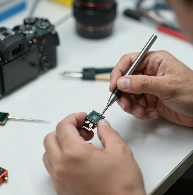 Detailed close-up of a professional technician's hands using precision tools to repair a digital camera sensor, bright clean workbench, soft bokeh, North American / US technical service environment.