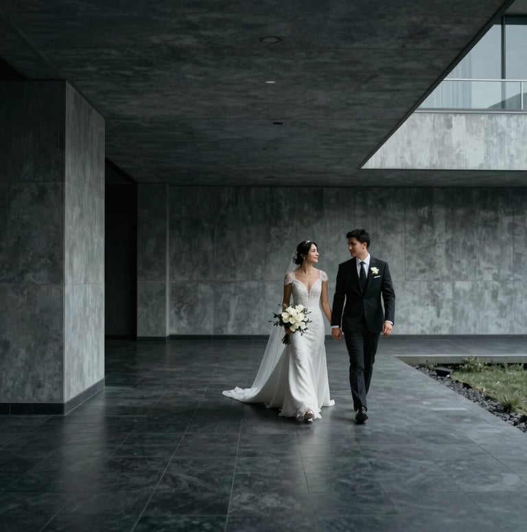 Cinematic wide shot of a bride and groom walking through a minimalist modern architectural space in a South American / Colombian city. Dark charcoal and soft silver tones.