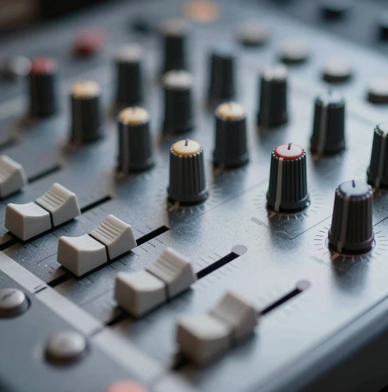 Close-up detail of a professional sound mixer's tactile knobs and sliders. Polished metal finishes reflecting faint #86A3B8 light, emphasizing precision and the technical craft behind the podcast.