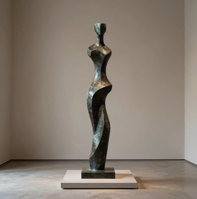 A tall, abstract contemporary sculpture made of dark bronze (#1A1A1A) standing on a minimalist pedestal. Set within a spacious, high-end gallery with muted taupe walls (#5F5B54). The composition is balanced and elegant.