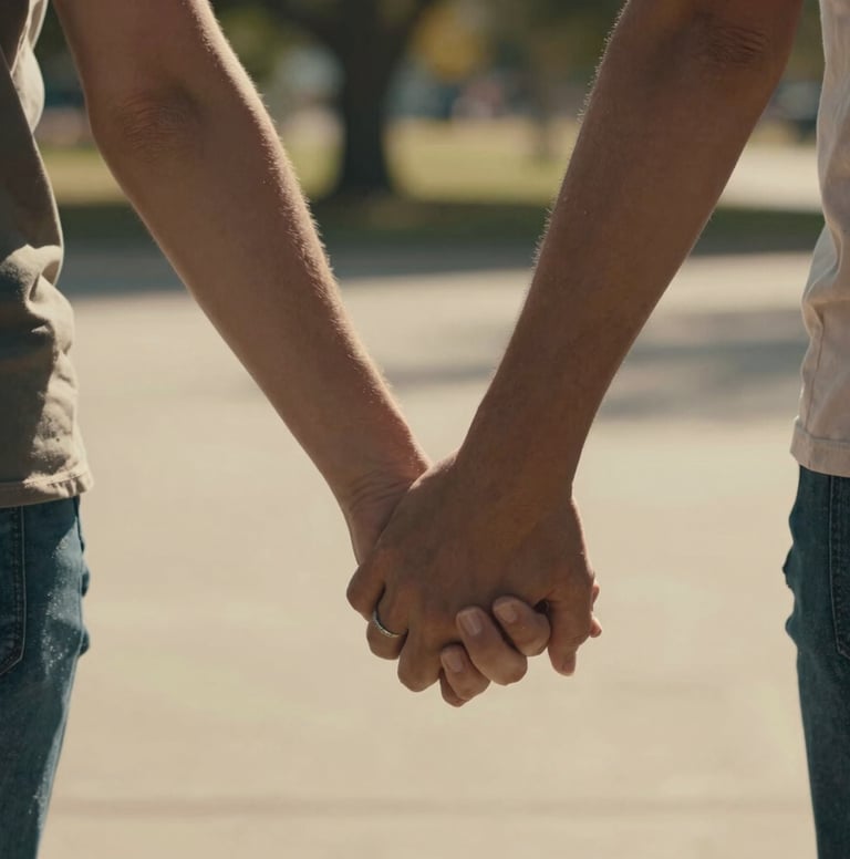 A close-up candid shot of two people sharing an authentic, heartfelt moment, holding hands in a sun-drenched North American / General Western park. Shallow depth of field with warm cinematic lighting and natural charcoal and soft sand colors in the environment.