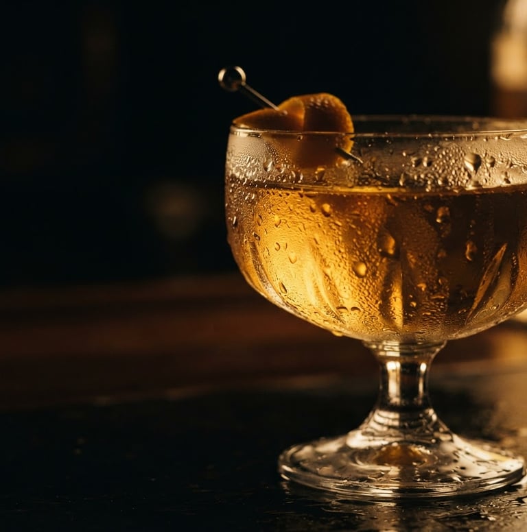 Dramatic close-up of a condensation-rimmed cocktail glass with golden liquid and a subtle garnish, dramatic low-key golden light, deep shadows, rich warm tones, shallow depth of field, 50mm lens