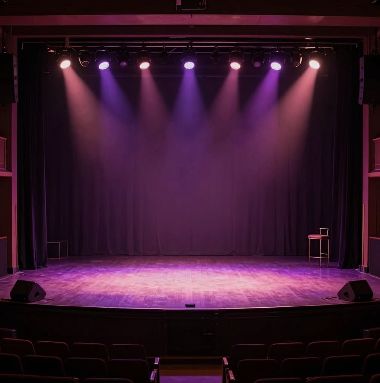 An artistic wide-angle shot of a North American / US jazz club interior with theatrical lighting in Deep Plum and Dusty Rose tones, focusing on an empty stage.