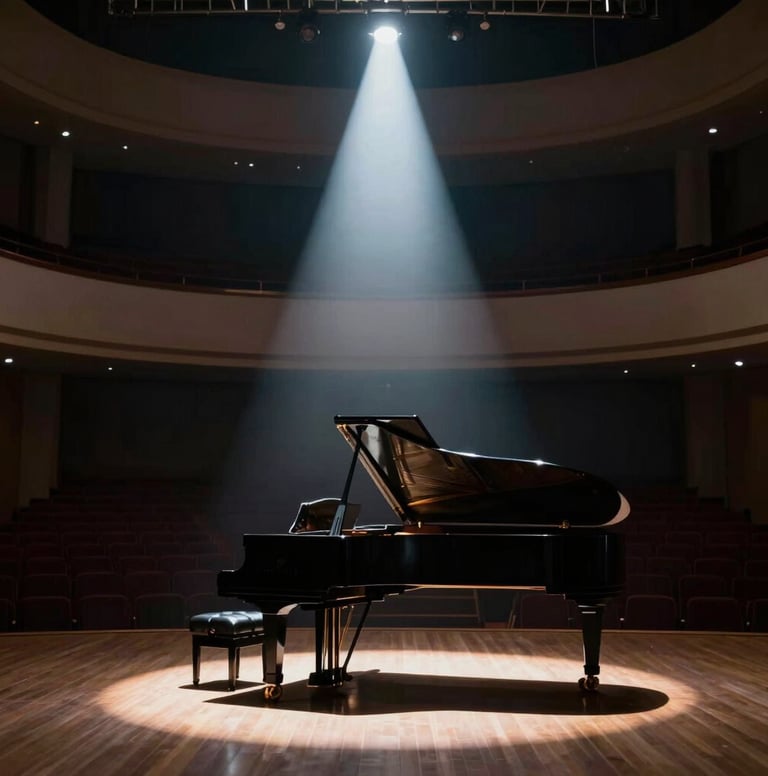 A dramatic wide shot of a concert hall with a single spotlight hitting a grand piano. The shadows are deep and rich using #1A2D3A, while the light beam is a brilliant #E6EBE0, symbolizing hope emerging from darkness.