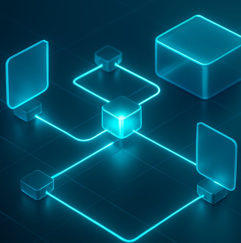 Sleek 3d render of glowing data nodes and automated communication pipelines, neon teal ambient lighting, glassmorphic card overlays, isometric angle